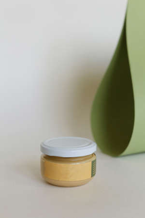 peanut butter in closed jarの写真素材