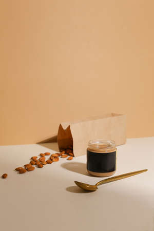 peanut butter in closed jarの写真素材