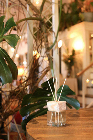 Aromatherapy reed diffuser air freshener on relaxed spa backgroundの写真素材