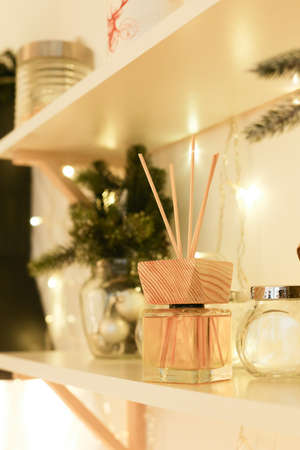 Aromatherapy reed diffuser air freshener on relaxed spa backgroundの写真素材