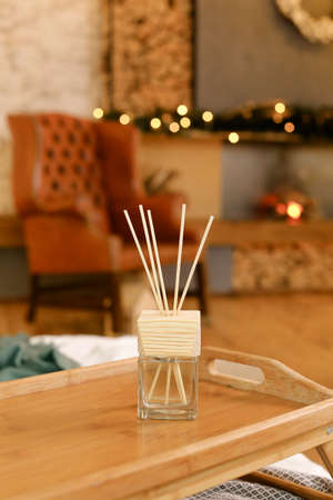 Aromatherapy reed diffuser air freshener on relaxed spa backgroundの写真素材