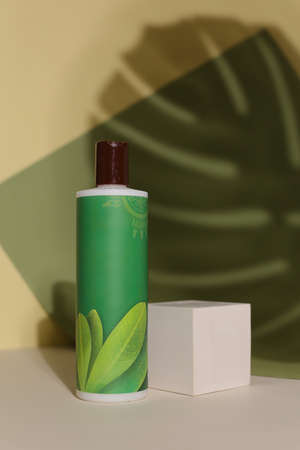 Eco friendly Bottle or jar with natural skincare cosmetics, creams or oils on light background....