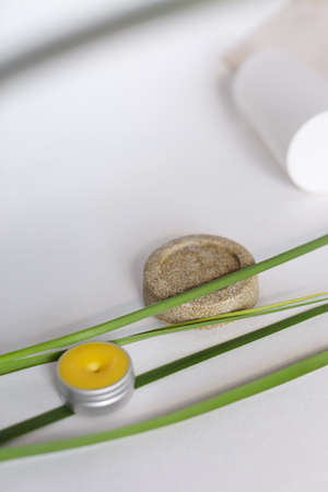 bars of natural soap with dried herbsの写真素材