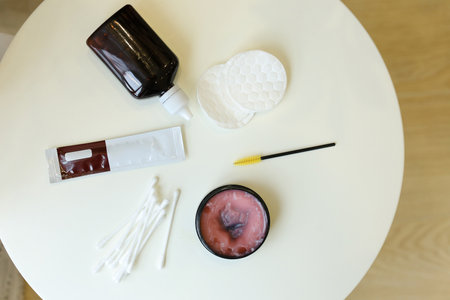 Set of professional cosmetic: make-up brushes, lipstick and brow pencilの写真素材