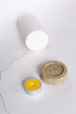 bars of natural soap with dried herbsの写真素材
