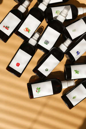 Natural Spa Treatment, beauty care products. A lot of defferent bottlesの写真素材