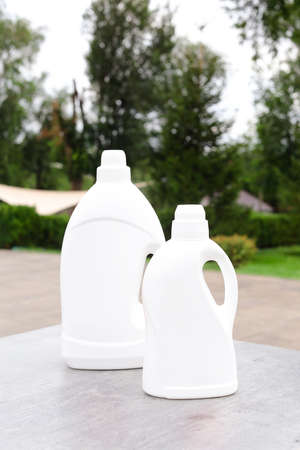 Softener bottle plastic bottle with liquid laundry detergent, cleaning agent, bleach or fabric softenerの写真素材