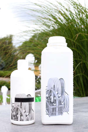 cleaning and sanitation bottles for dishes cleaning agent, bleach or fabric softenerの写真素材