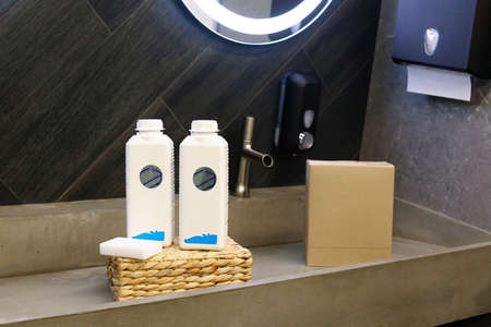 cleaning and sanitation for bathroom, plastic bottles in bathの写真素材
