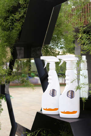 Variety house cleaning spray product on table with copy spaceの写真素材