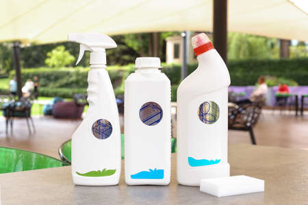 Variety house cleaning product on table with copy spaceの写真素材