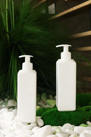 White Plastic dispenser bottles with body creamの写真素材