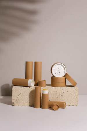 Zero Waste Lipstick packaging. Lip balm tube made of paper. Blank label mock up. Copy space for textの写真素材