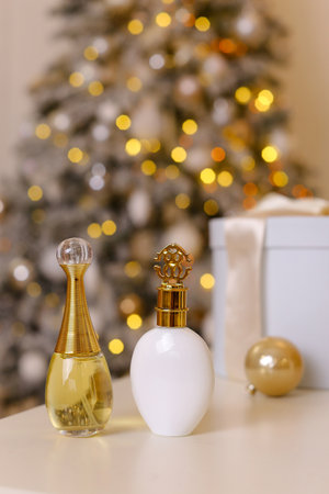 Generic perfume bottles in a gift set on christmas backgroundの写真素材