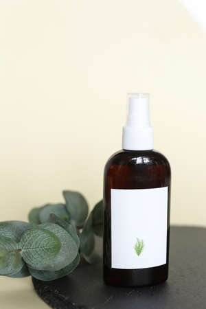 Eco friendly Bottle or jar with natural skincare cosmetics, creams or oils on light background. Plant-based beauty products with eucalyptusの写真素材