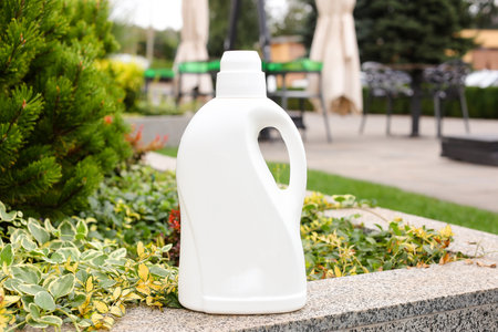 Softener bottle plastic bottle with liquid laundry detergent, cleaning agent, bleach or fabric softenerの写真素材