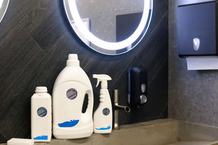 cleaning and sanitation for bathroom, plastic bottles in bathの写真素材