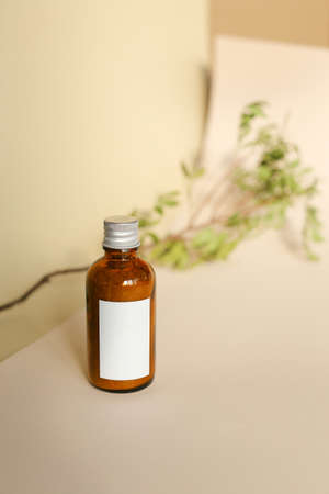 glass jars beauty hygiene products on beige backgroundの写真素材