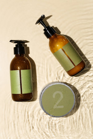Soft light bathroom decor for advertising, design, cover, set of cosmetic bottles for bath with copy space for your textの写真素材