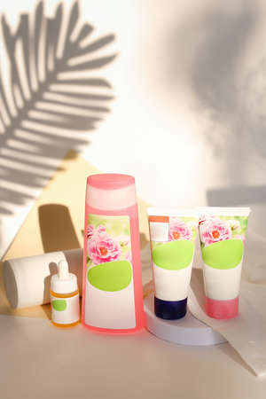 Soft light bathroom decor for advertising, design, cover, set of cosmetic bottles for bath with copy space for your textの写真素材