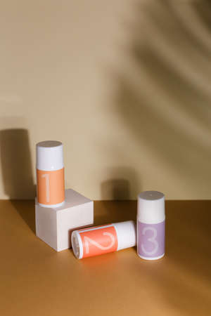 Skincare routine 1 2 3 step for healthy skin - serum, lotion or eye cream packaging. Beauty and cosmetic concept. Copy space.の写真素材