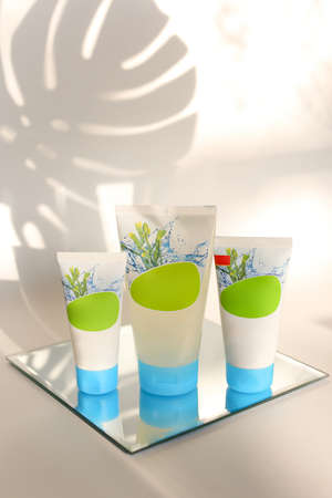 Soft light bathroom decor for advertising, design, cover, set of cosmetic bottles for bath with copy space for your textの写真素材