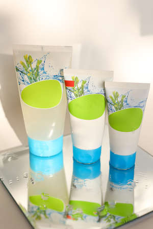 Soft light bathroom decor for advertising, design, cover, set of cosmetic tubes for bath with copy space for your textの写真素材