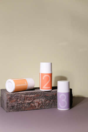 Skincare routine 1 2 3 step for healthy skin - serum, lotion or eye cream packaging. Beauty and cosmetic concept. Copy space.の写真素材