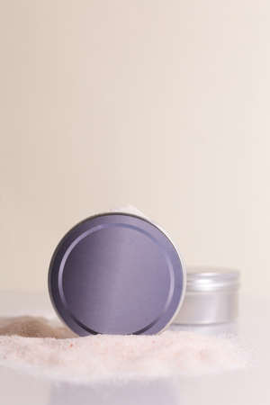 Aluminum round jar for cosmetics. Metalic cosmetic bottles. Blank mock up advertising container with copy space.の写真素材
