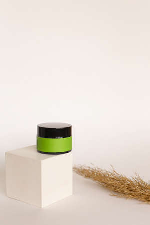 Blank cosmetic products on neutral background. Green Place for your text.の写真素材