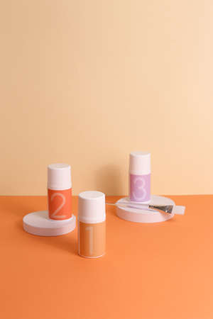 Skincare routine 1 2 3 step for healthy skin - serum, lotion or eye cream packaging. Beauty and cosmetic concept. Copy space.の写真素材