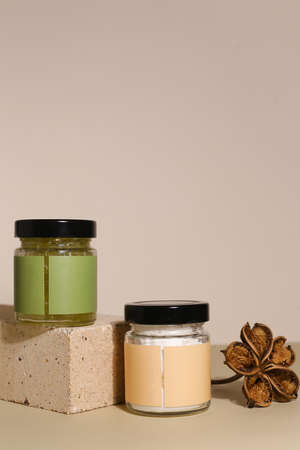 Amber glass dispenser bottle, sprayer and moisturizer cream jar. Natural cosmetic products packaging...