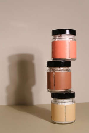 Amber glass dispenser bottle, sprayer and moisturizer cream jar. Natural cosmetic products packaging...