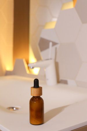 Set of cosmetic glass bottle. Closeup, copyspace. Beauty blogging, salon treatment concept, minimalism brand packaging mock upの写真素材