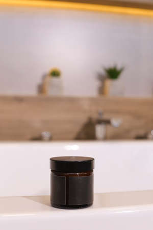 Set of cosmetic glass bottle. Closeup, copyspace. Beauty blogging, salon treatment concept, minimalism brand packaging mock upの写真素材