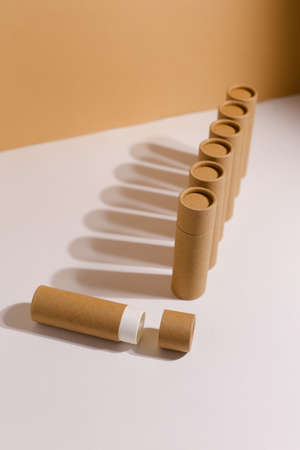 Zero Waste Lipstick packaging. Lip balm tube made of paper. Blank label mock up. Copy space for textの写真素材