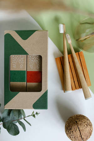 bio-degradable, compostable bamboo toothbrushes in a spa setting. Green concept, zero waste