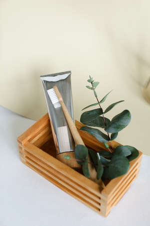 bio-degradable, compostable bamboo toothbrushes in a spa setting. Green concept, zero waste