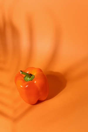 Fresh sweet orange pepper isolated on neutral orange background closeup