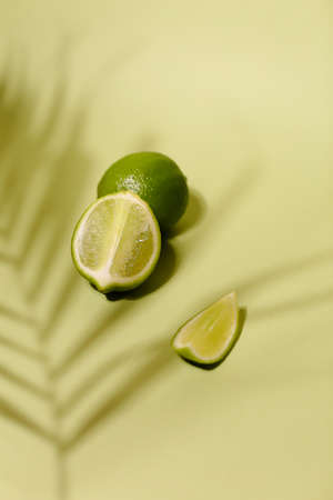 Fresh lime and slice, Isolated on light green backgroundの写真素材