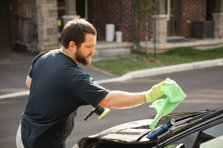 Man polishing car by polisher and sponge in front of house.の写真素材