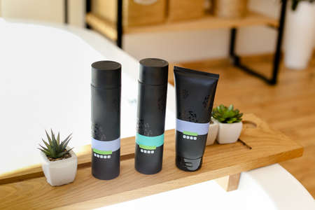 Different cosmetics products on the bath backgroundの写真素材