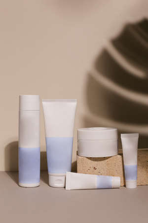 Eco friendly Bottle and tube with natural skincare cosmetics, creams or oils on light background. Plant-based beauty productsの写真素材