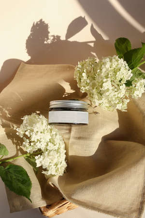 plastic jar with cream and lid isolated on neutral light background. Beauty spa and taking care of...