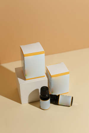 Set of cosmetic glass bottle. Closeup, copyspace. Beauty blogging, salon treatment concept, minimalism brand packaging mock upの写真素材