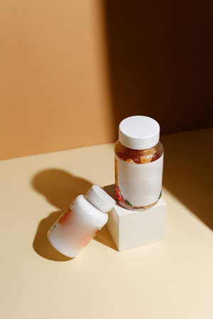 Set of cosmetic glass bottle. Closeup, copyspace. Beauty blogging, salon treatment concept, minimalism brand packaging mock upの写真素材