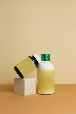 Set of cosmetic glass bottle. Closeup, copyspace. Beauty blogging, salon treatment concept, minimalism brand packaging mock upの写真素材