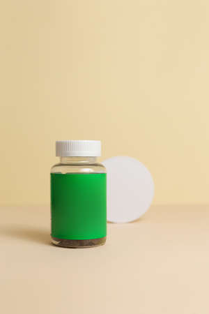 Set of cosmetic glass bottle. Closeup, copyspace. Beauty blogging, salon treatment concept, minimalism brand packaging mock upの写真素材