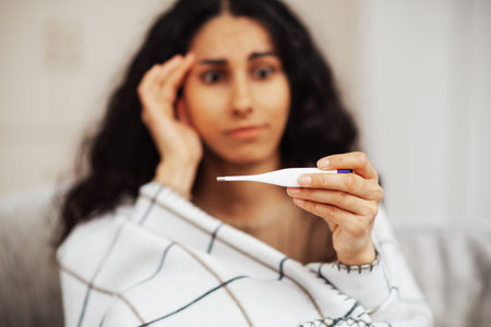 In the foreground a thermometer in the background is a beautiful young woman of Arab appearance. The woman is anxious and excited because the high temperature indicated on the thermometer struck her.の写真素材
