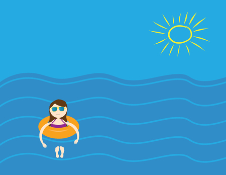 Summer background. Young girl floating in the seaのイラスト素材